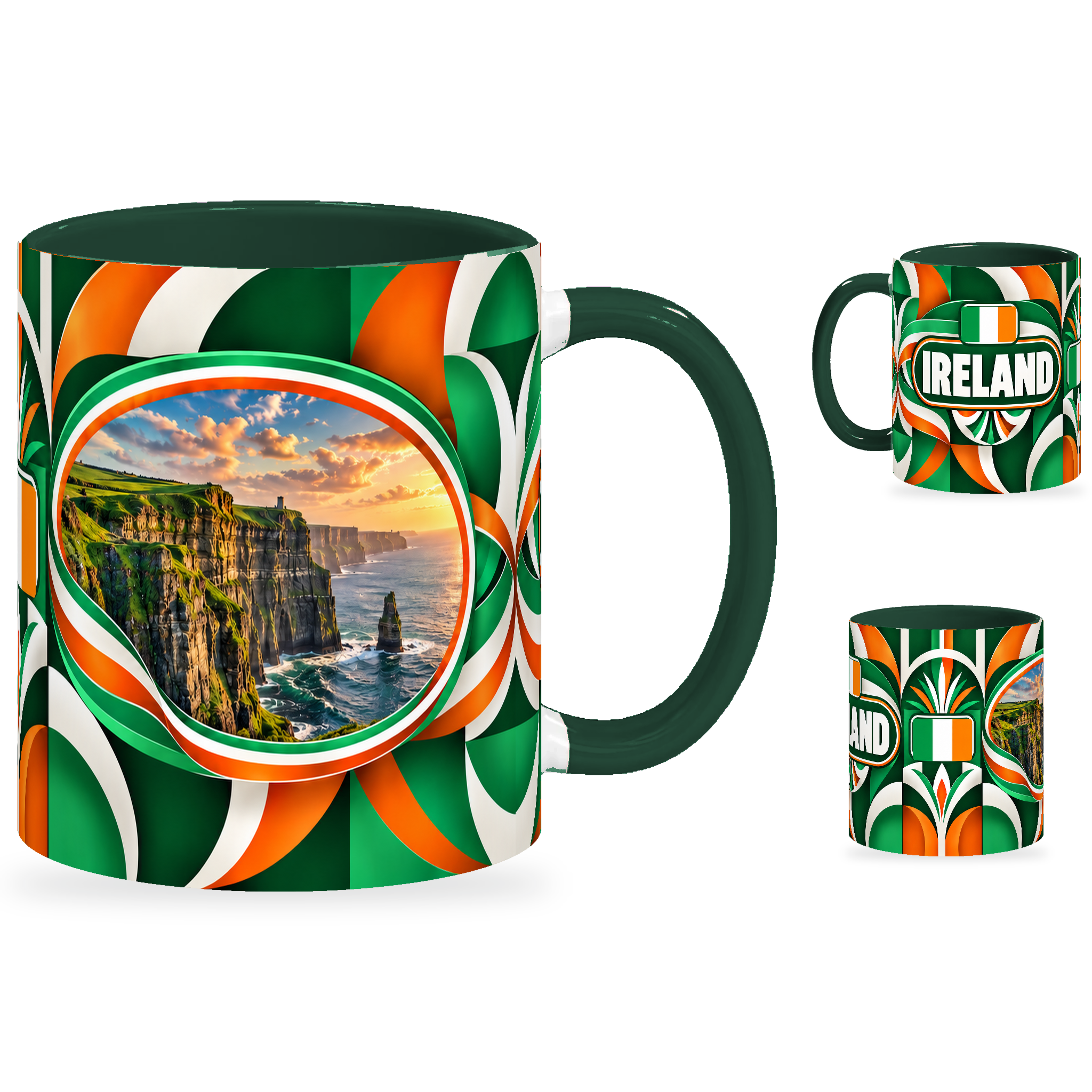 Ireland Mug – 320ml with dark green handle, showing the landmark side plus companion country-name and centered-flag views of the glossy full-wrap design by Fann Bliss.