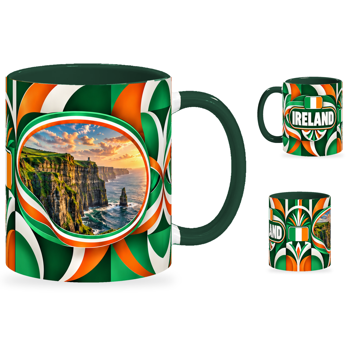 Ireland Mug – 320ml with dark green handle, showing the landmark side plus companion country-name and centered-flag views of the glossy full-wrap design by Fann Bliss.