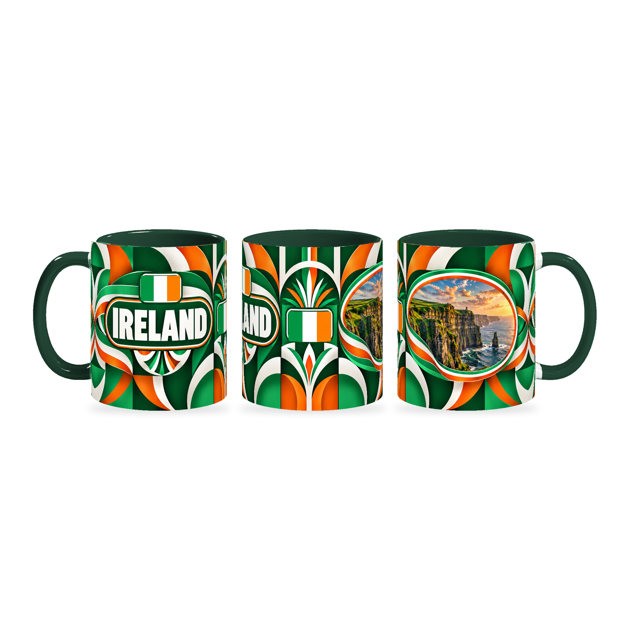 Ireland Mug – 320ml with dark green handle, shown in three matching angles of the glossy full-wrap design by Fann Bliss.