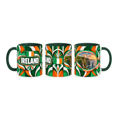 Ireland Mug – 320ml with dark green handle, shown in three matching angles of the glossy full-wrap design by Fann Bliss.