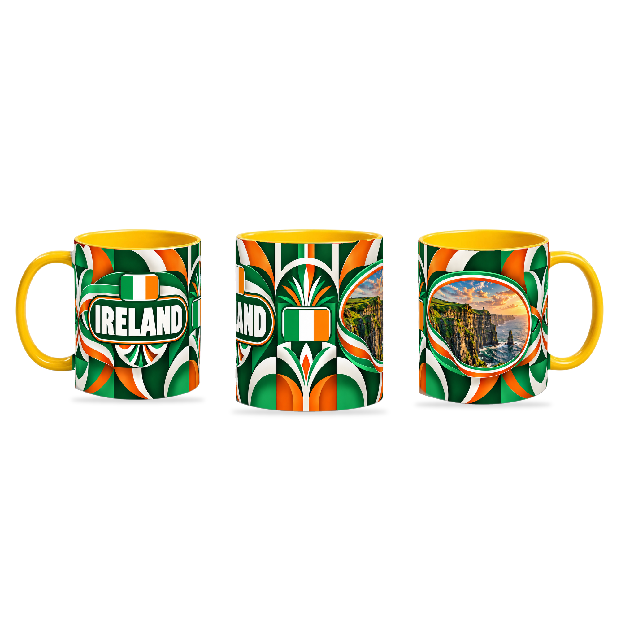 Ireland Mug Yellow – 320ml with yellow handle, shown in three matching angles of the glossy full-wrap design by Fann Bliss.