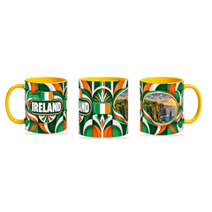 Ireland Mug Yellow – 320ml with yellow handle, shown in three matching angles of the glossy full-wrap design by Fann Bliss.