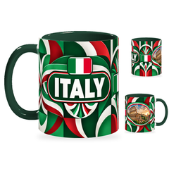 Italy Mug – 320ml with dark green handle, showing the country-name side plus companion centered-flag and landmark views of the glossy full-wrap design by Fann Bliss.