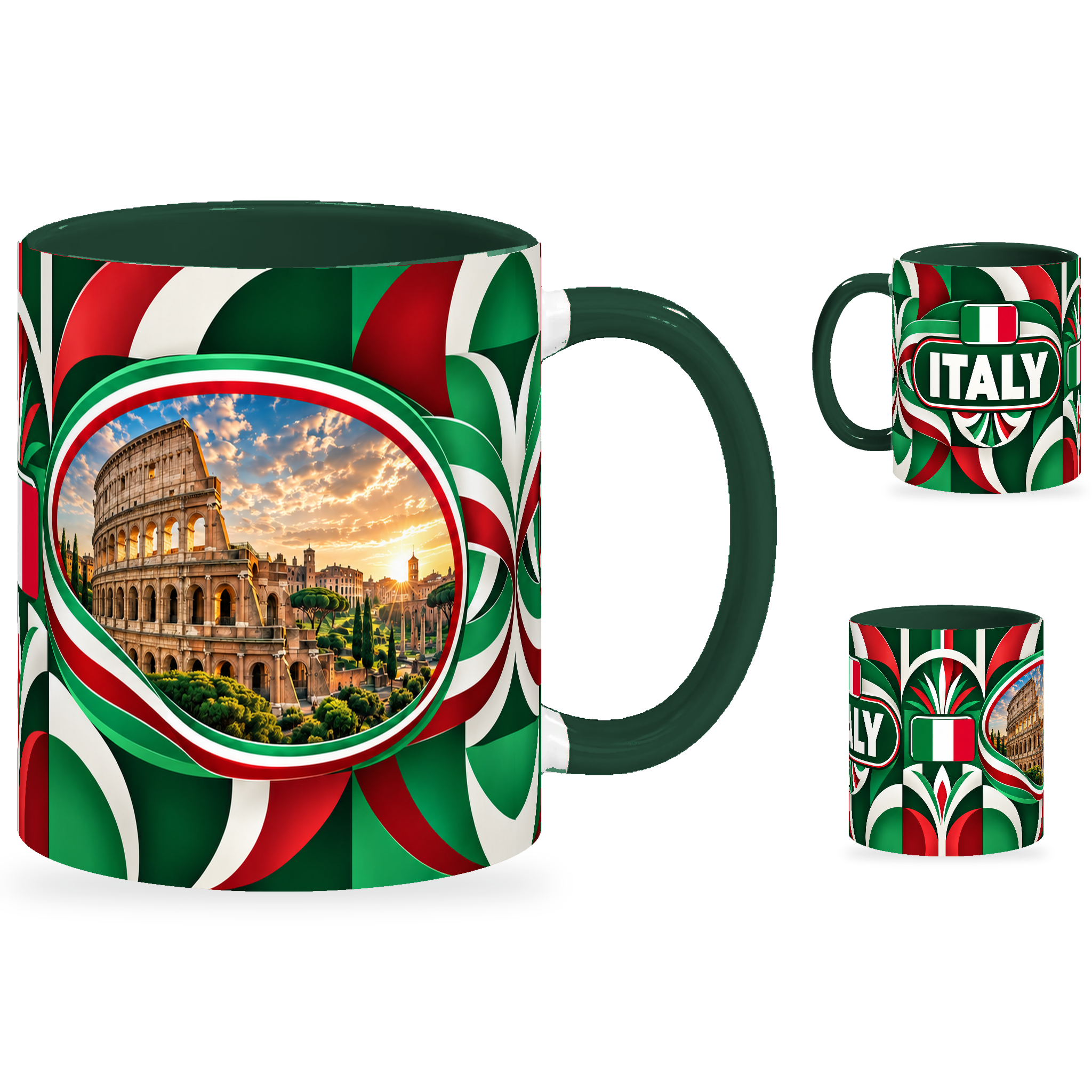 Italy Mug – 320ml with dark green handle, showing the landmark side plus companion country-name and centered-flag views of the glossy full-wrap design by Fann Bliss.