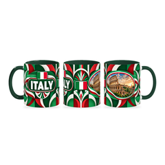 Italy Mug – 320ml with dark green handle, shown in three matching angles of the glossy full-wrap design by Fann Bliss.