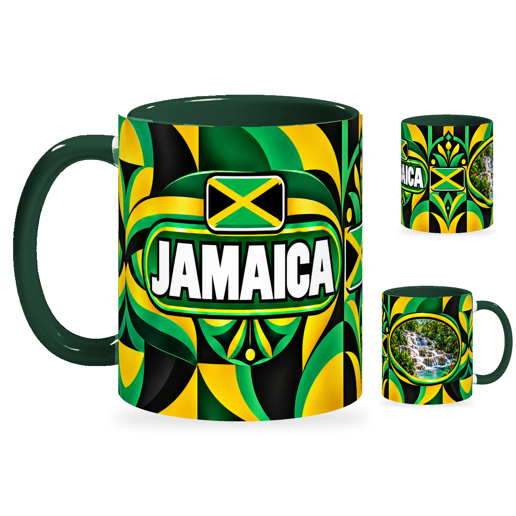 Jamaica Mug – 320ml with dark green handle, showing the country-name side plus companion centered-flag and landmark views of the glossy full-wrap design by Fann Bliss.