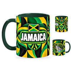 Jamaica Mug – 320ml with dark green handle, showing the country-name side plus companion centered-flag and landmark views of the glossy full-wrap design by Fann Bliss.