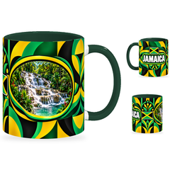 Jamaica Mug – 320ml with dark green handle, showing the landmark side plus companion country-name and centered-flag views of the glossy full-wrap design by Fann Bliss.