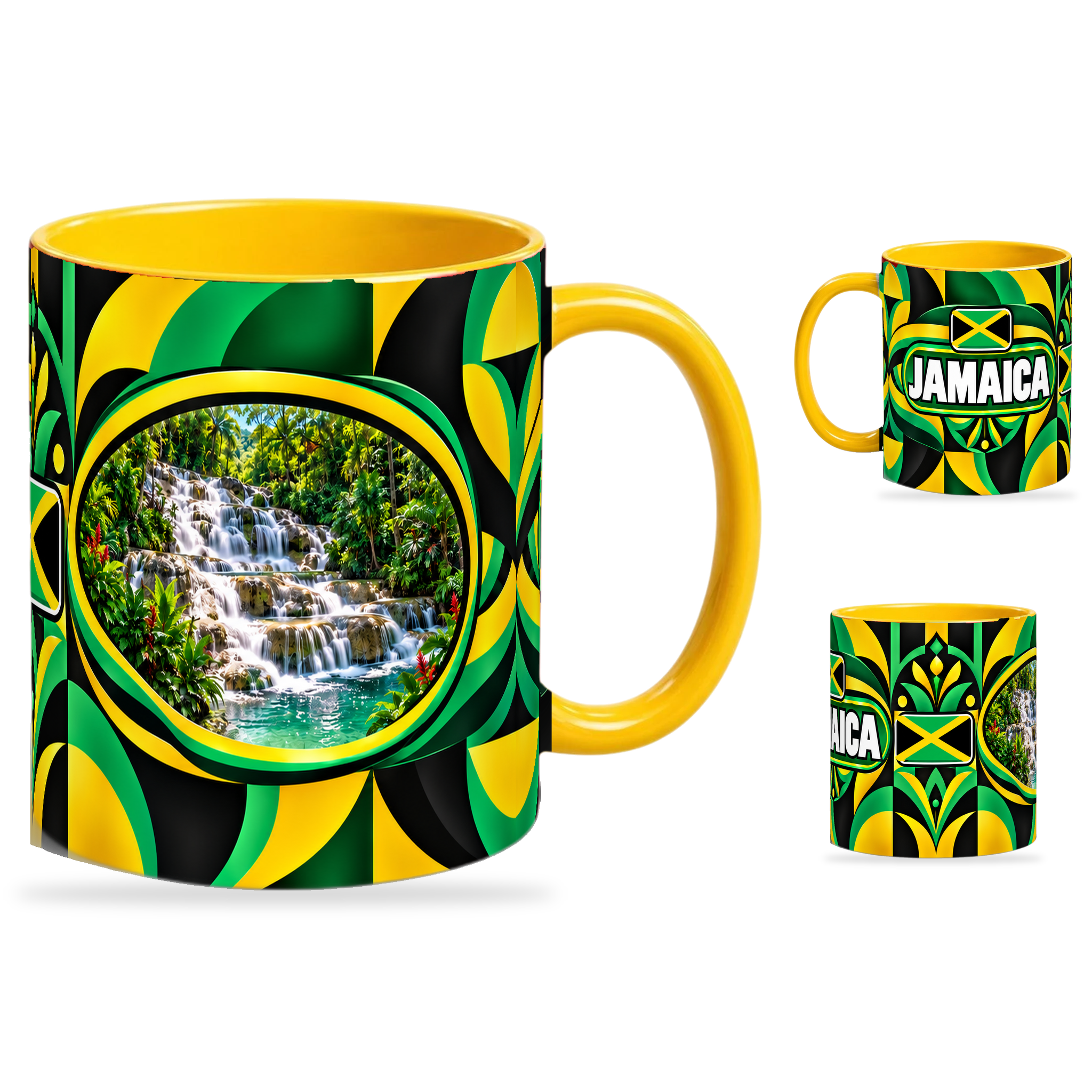 Jamaica Mug Yellow – 320ml with yellow handle, showing the landmark side plus companion country-name and centered-flag views of the glossy full-wrap design by Fann Bliss.