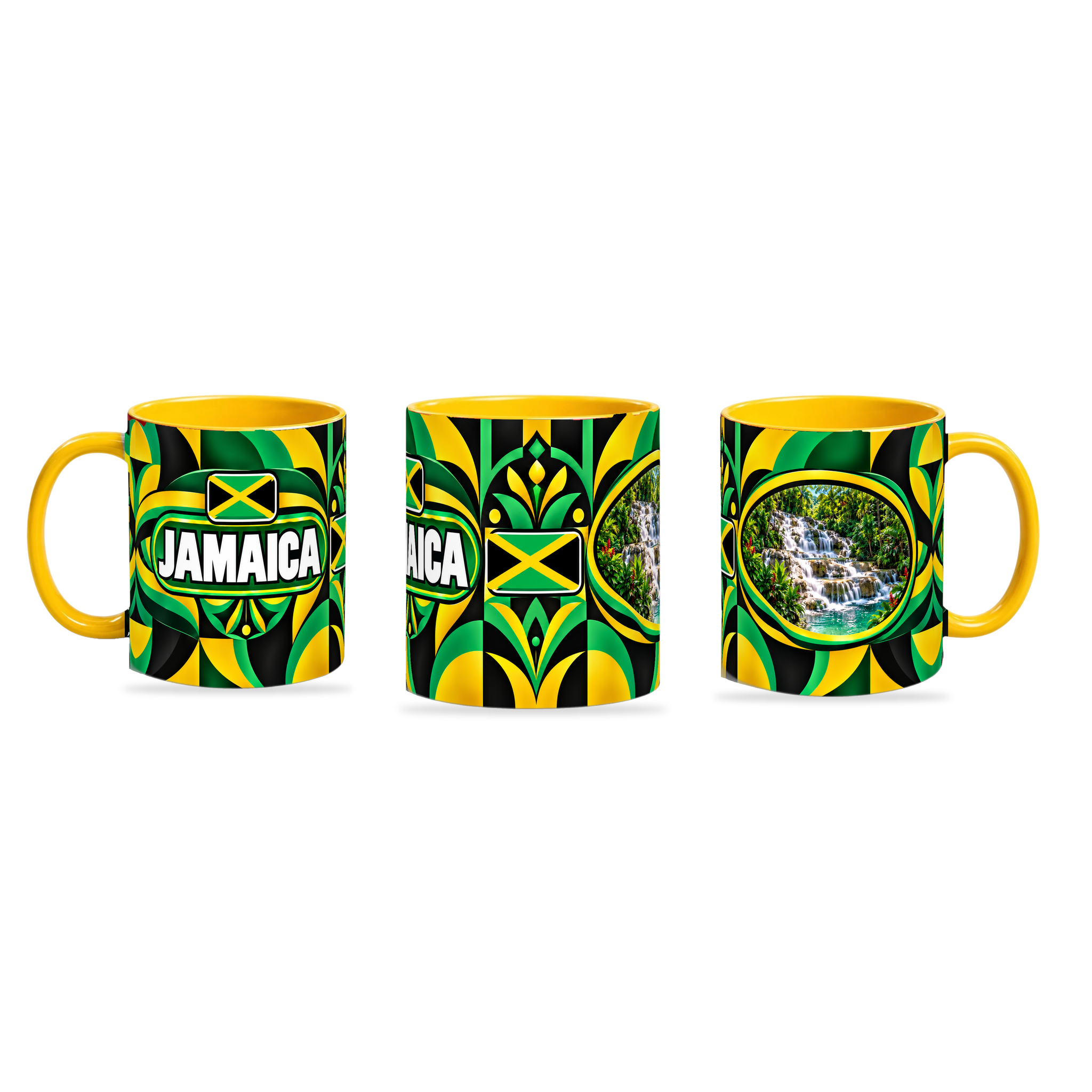 Jamaica Mug Yellow – 320ml with yellow handle, shown in three matching angles of the glossy full-wrap design by Fann Bliss.