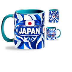 Japan Mug Teal – 320ml with teal handle, showing the country-name side plus companion centered-flag and landmark views of the glossy full-wrap design by Fann Bliss.