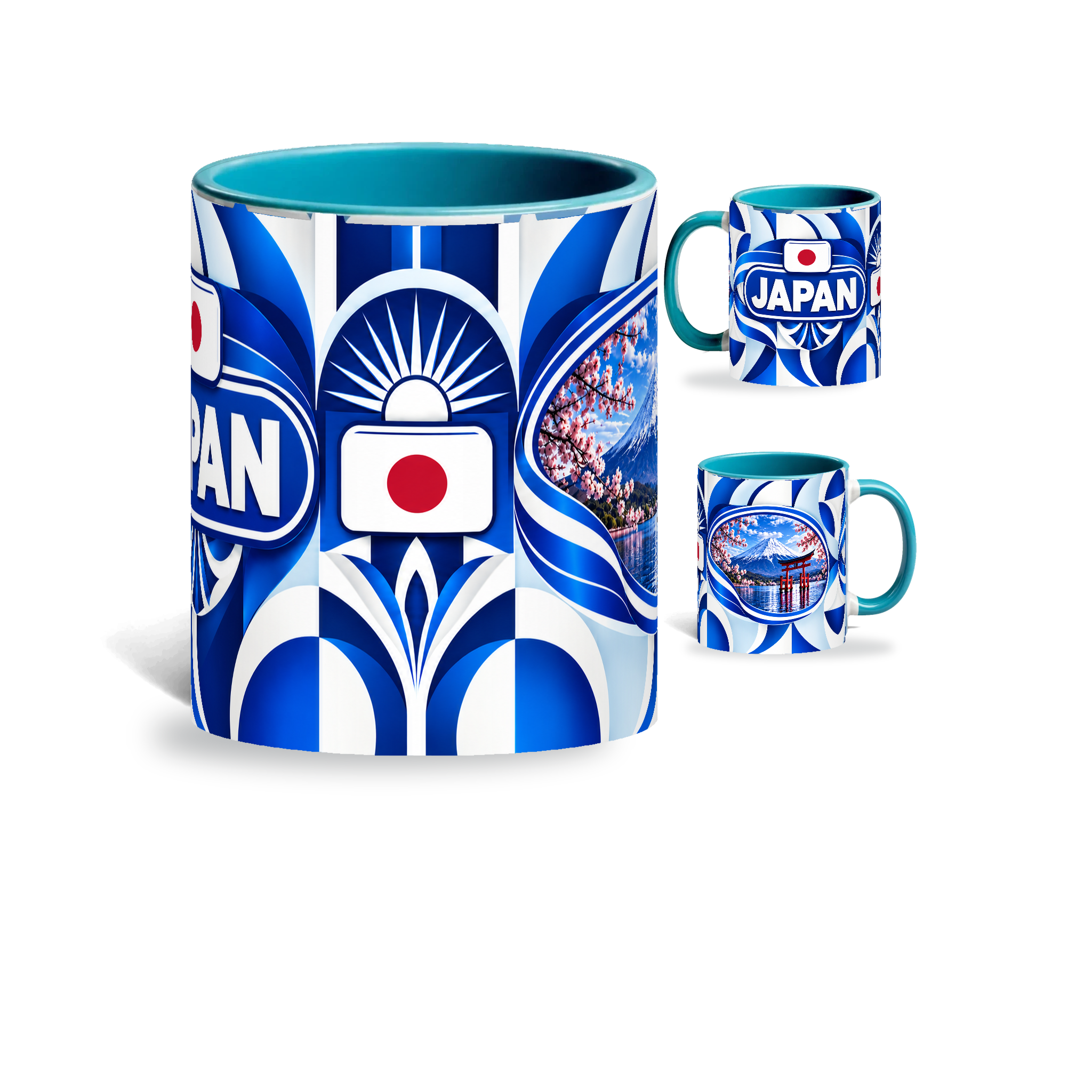 Japan Mug Teal – 320ml with teal handle, showing the centered flag view plus companion country-name and landmark views of the glossy full-wrap design by Fann Bliss.