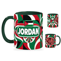Jordan Mug – 320ml with dark green handle, showing the country-name side plus companion centered-flag and landmark views of the glossy full-wrap design by Fann Bliss.