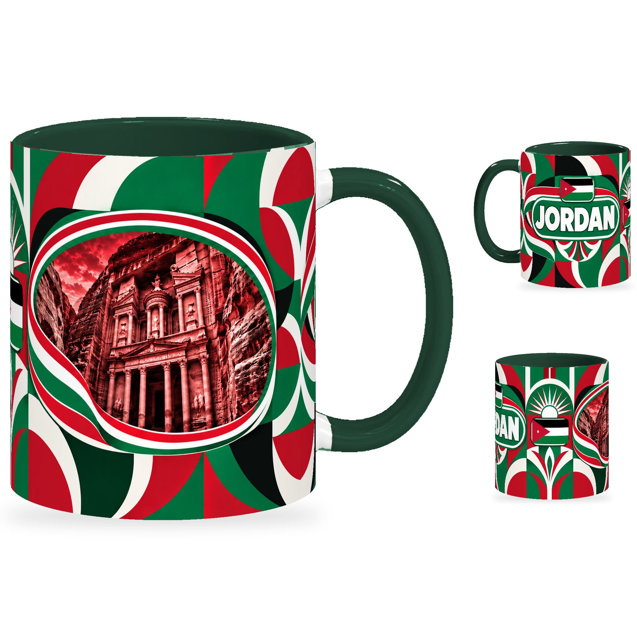 Jordan Mug – 320ml with dark green handle, showing the landmark side plus companion country-name and centered-flag views of the glossy full-wrap design by Fann Bliss.