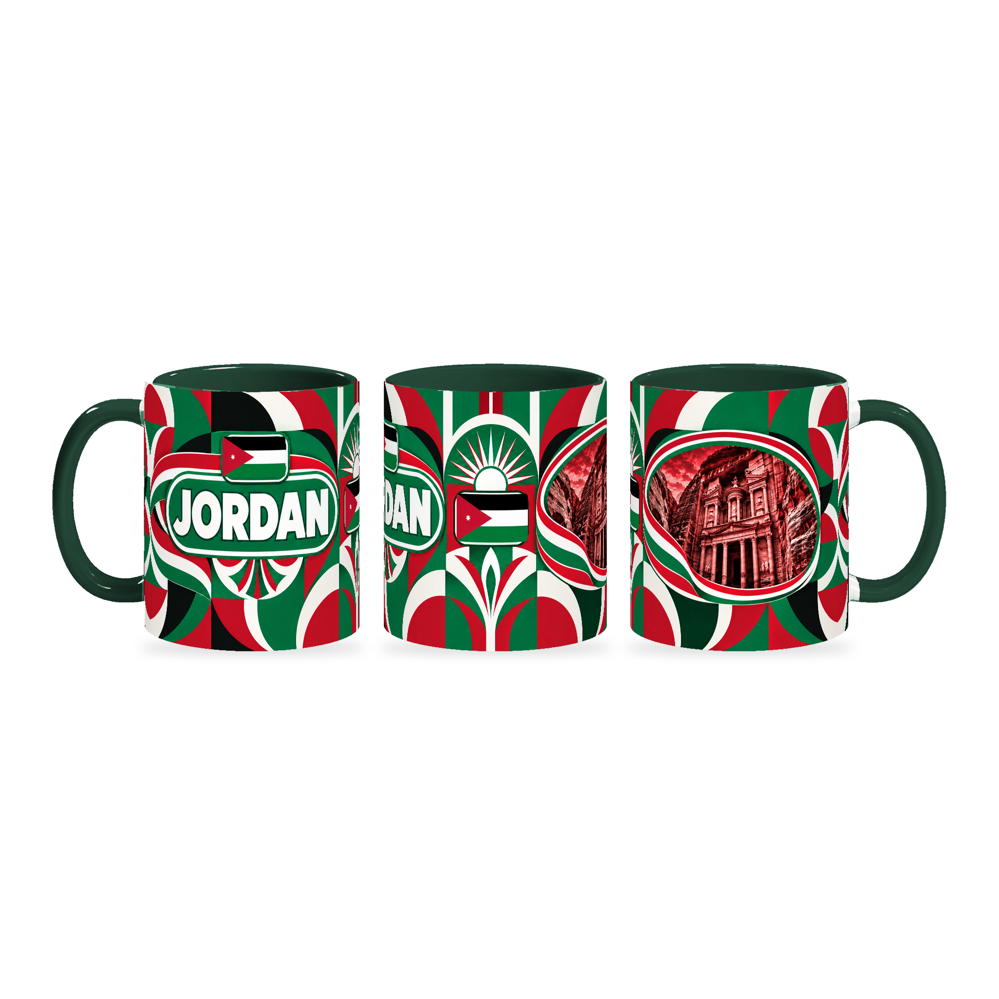 Jordan Mug – 320ml with dark green handle, shown in three matching angles of the glossy full-wrap design by Fann Bliss.