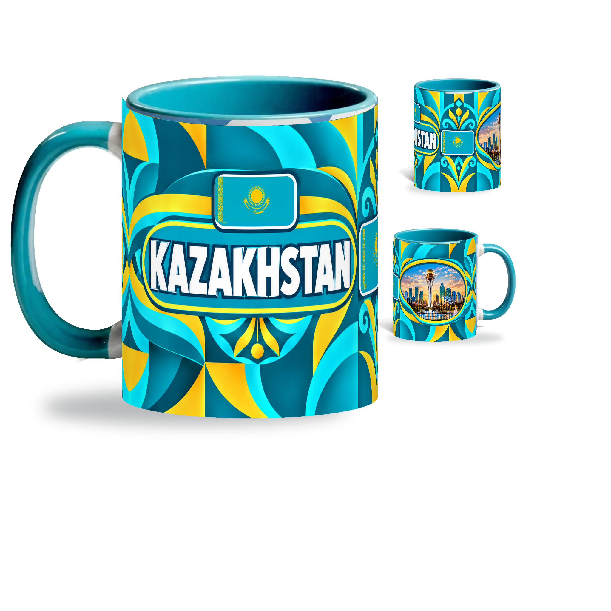 Kazakhstan Mug – 320ml with teal handle, showing the country-name side plus companion centered-flag and landmark views of the glossy full-wrap design by Fann Bliss.