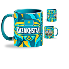 Kazakhstan Mug – 320ml with teal handle, showing the country-name side plus companion centered-flag and landmark views of the glossy full-wrap design by Fann Bliss.