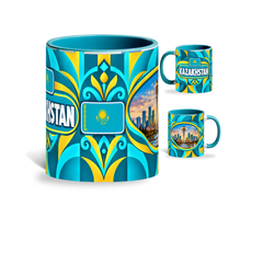 Kazakhstan Mug – 320ml with teal handle, showing the centered flag view plus companion country-name and landmark views of the glossy full-wrap design by Fann Bliss.