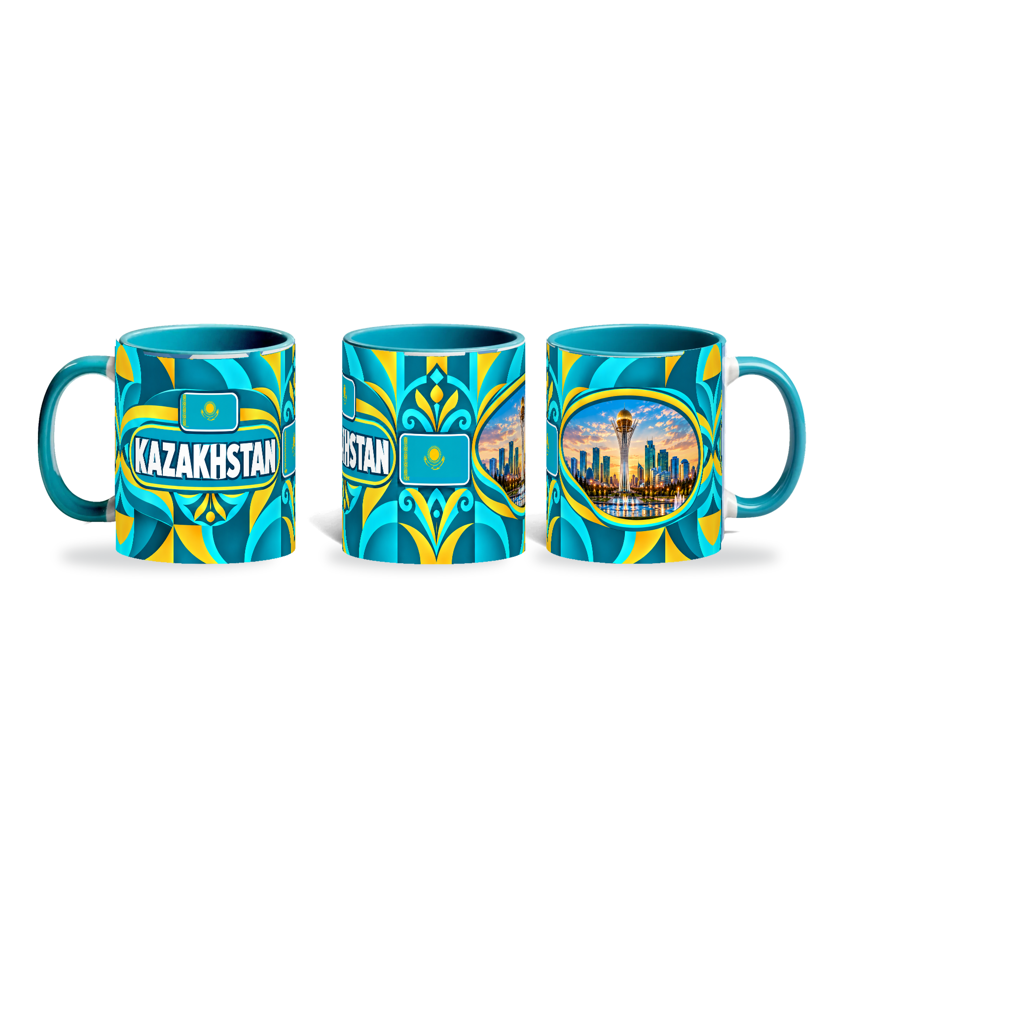 Kazakhstan Mug – 320ml with teal handle, shown in three matching angles of the glossy full-wrap design by Fann Bliss.