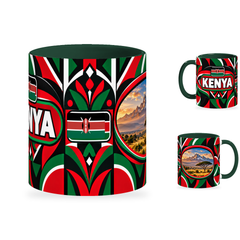 Kenya Mug – 320ml with dark green handle, showing the centered flag view plus companion country-name and landmark views of the glossy full-wrap design by Fann Bliss.