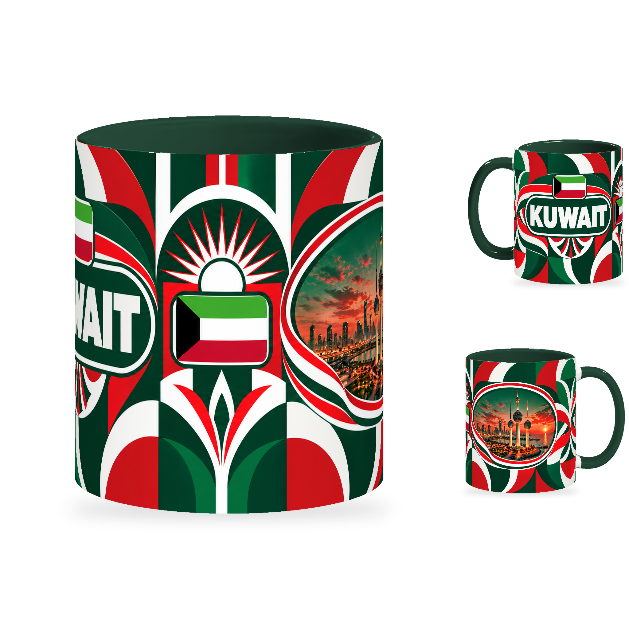 Kuwait Mug – 320ml with dark green handle, showing the centered flag view plus companion country-name and landmark views of the glossy full-wrap design by Fann Bliss.
