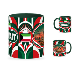 Kuwait Mug – 320ml with dark green handle, showing the centered flag view plus companion country-name and landmark views of the glossy full-wrap design by Fann Bliss.