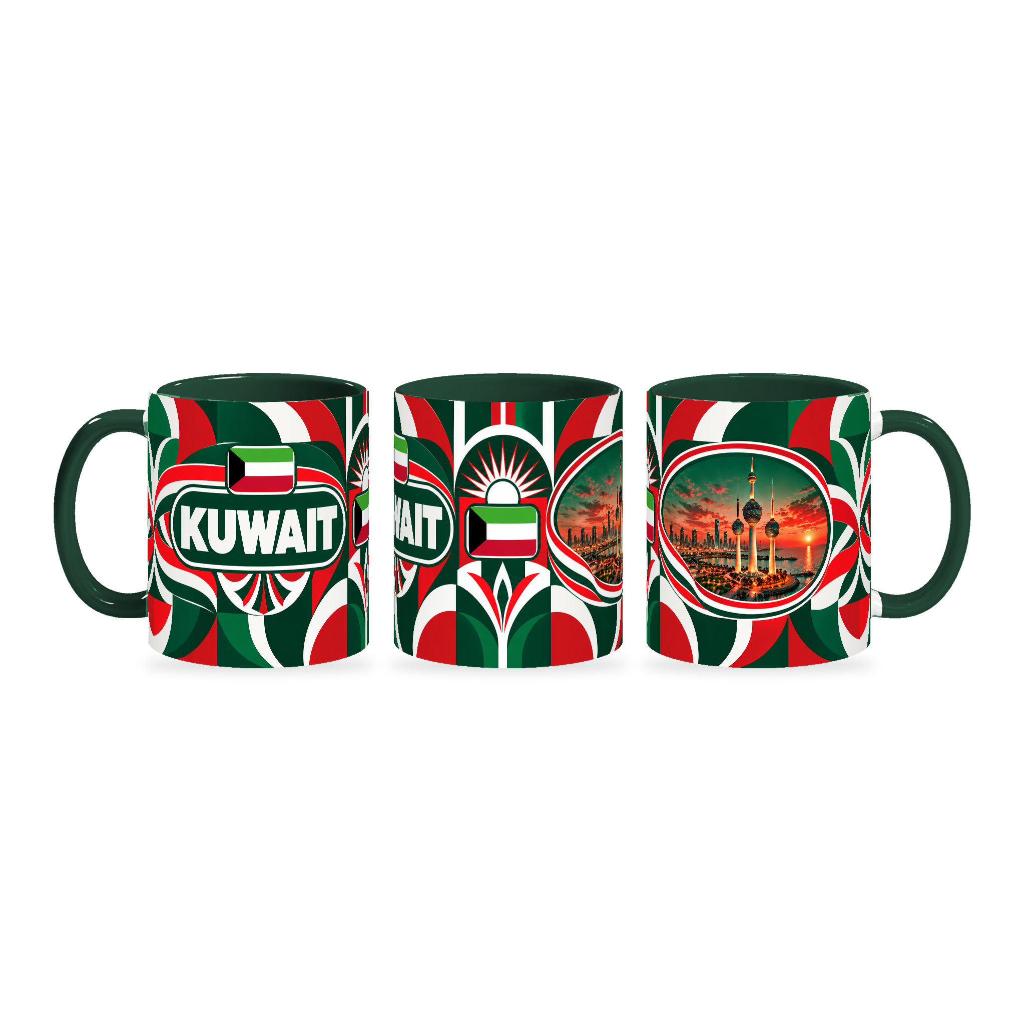 Kuwait Mug – 320ml with dark green handle, shown in three matching angles of the glossy full-wrap design by Fann Bliss.