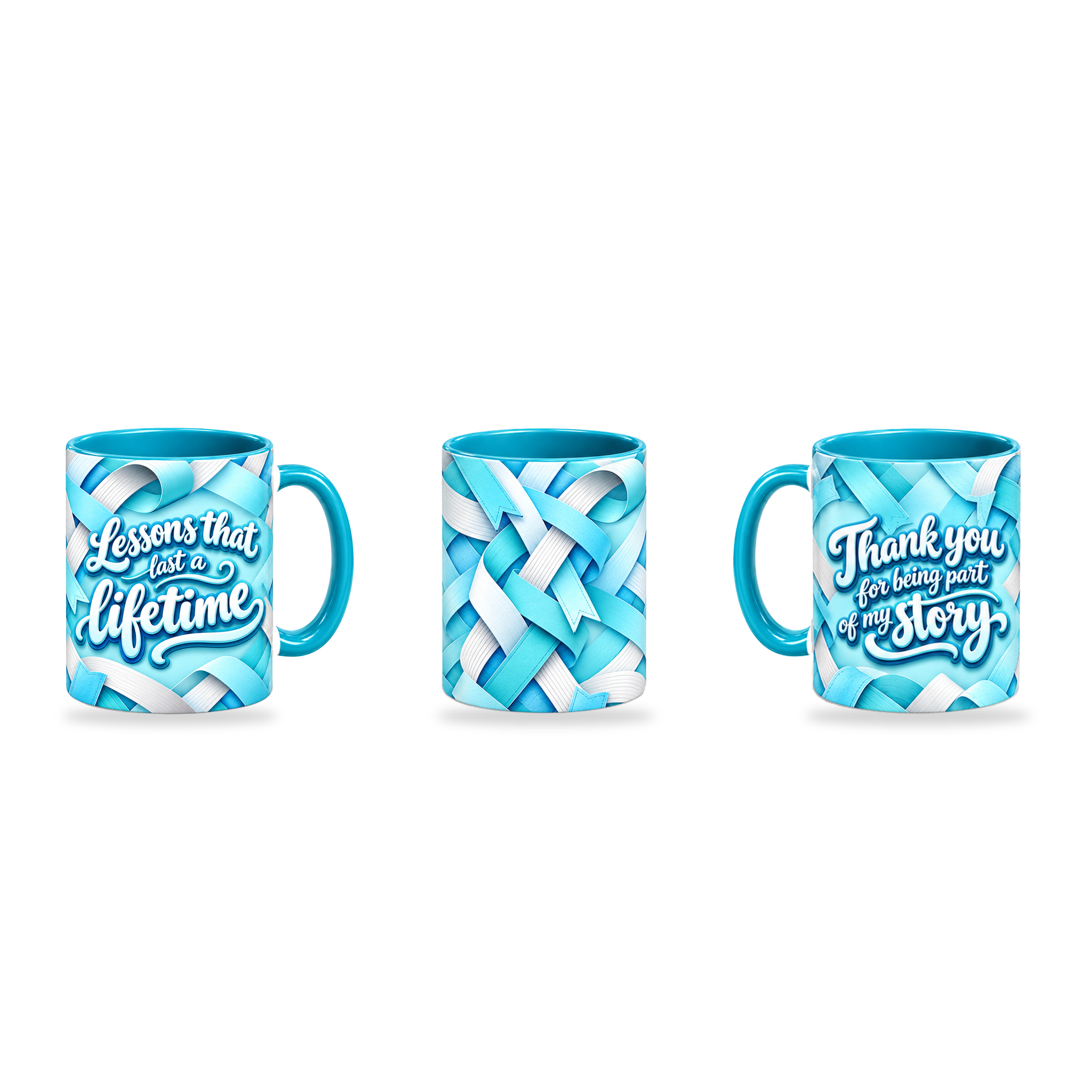 Lasting Lessons Mug – 320ml, Teal ceramic mug, three-angle overview of the Teacher’s Day artwork