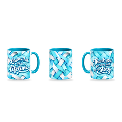 Lasting Lessons Mug – 320ml, Teal ceramic mug, three-angle overview of the Teacher’s Day artwork