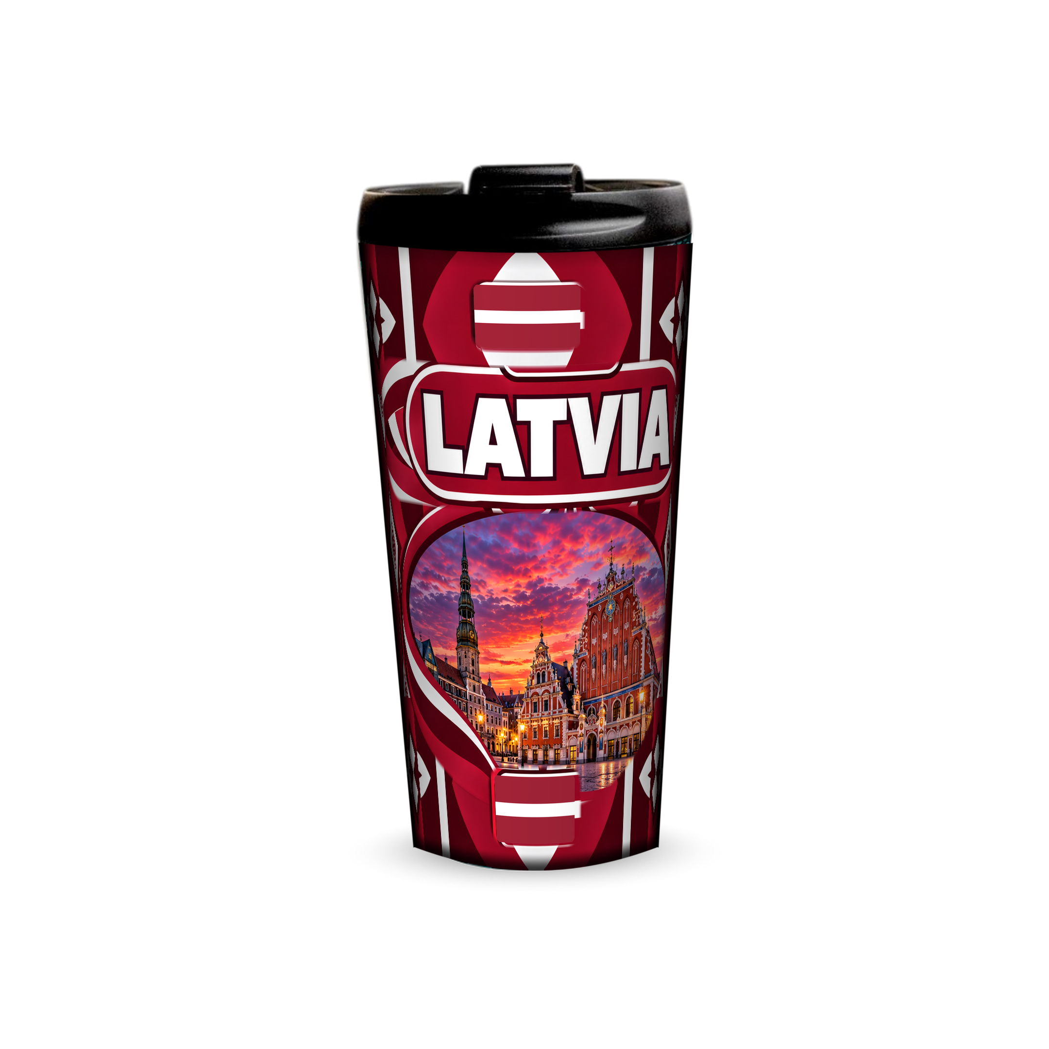 Latvia 480ml tumbler front view with country design