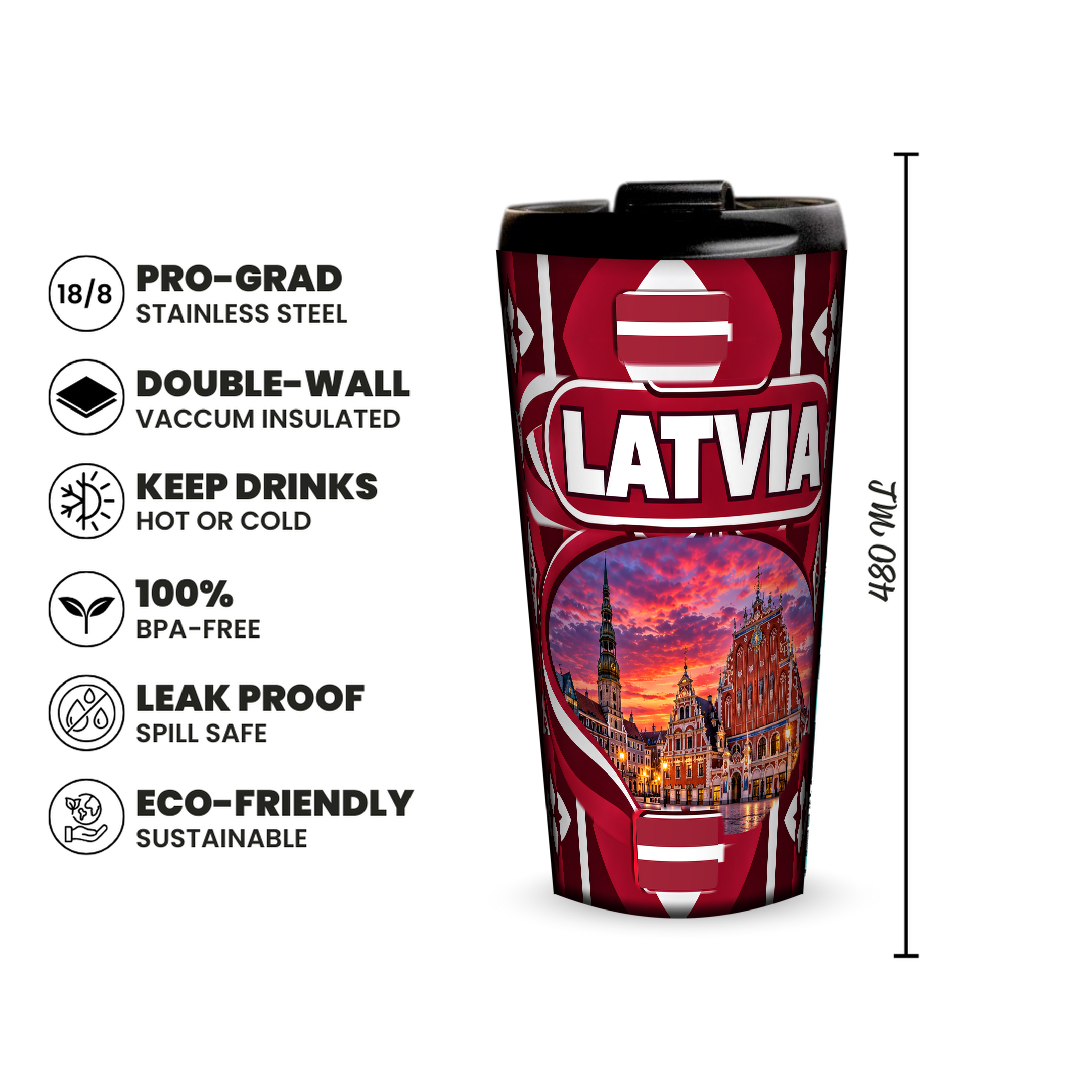 Latvia 480ml insulated tumbler features and size
