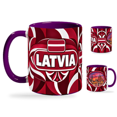 Latvia Mug – 320ml with purple handle, showing the country-name side plus companion centered-flag and landmark views of the glossy full-wrap design by Fann Bliss.
