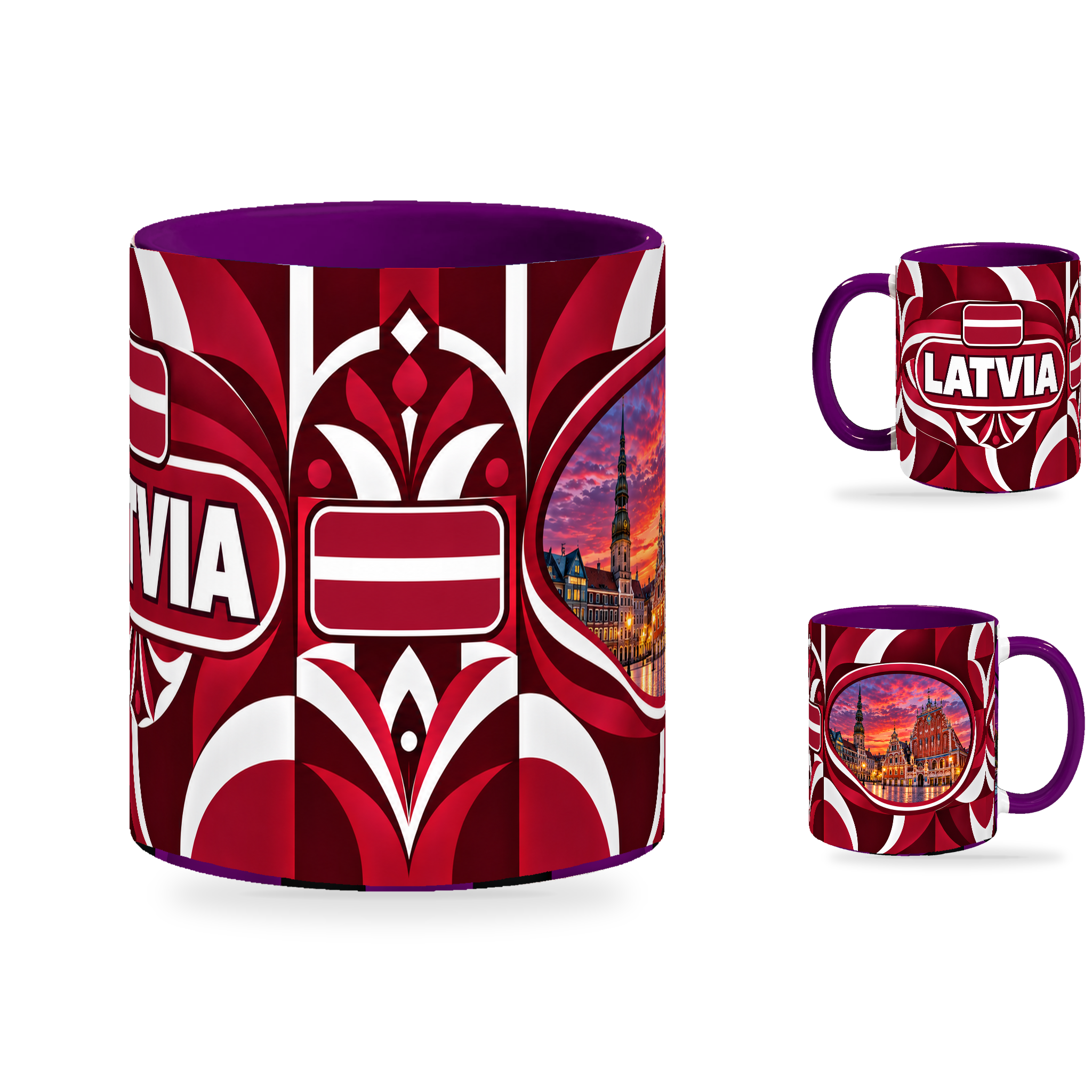 Latvia Mug – 320ml with purple handle, showing the centered flag view plus companion country-name and landmark views of the glossy full-wrap design by Fann Bliss.