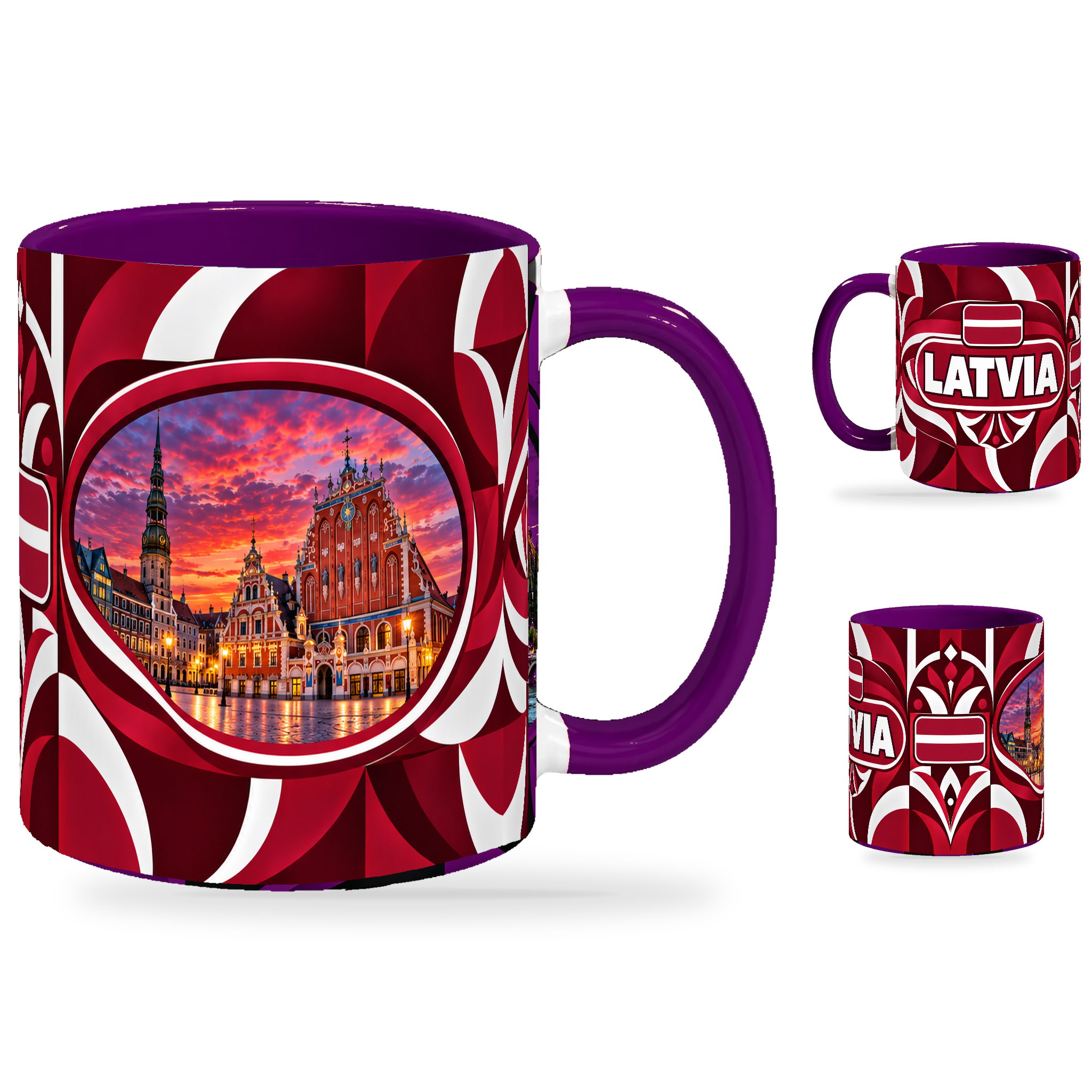 Latvia Mug – 320ml with purple handle, showing the landmark side plus companion country-name and centered-flag views of the glossy full-wrap design by Fann Bliss.