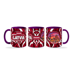 Latvia Mug – 320ml with purple handle, shown in three matching angles of the glossy full-wrap design by Fann Bliss.