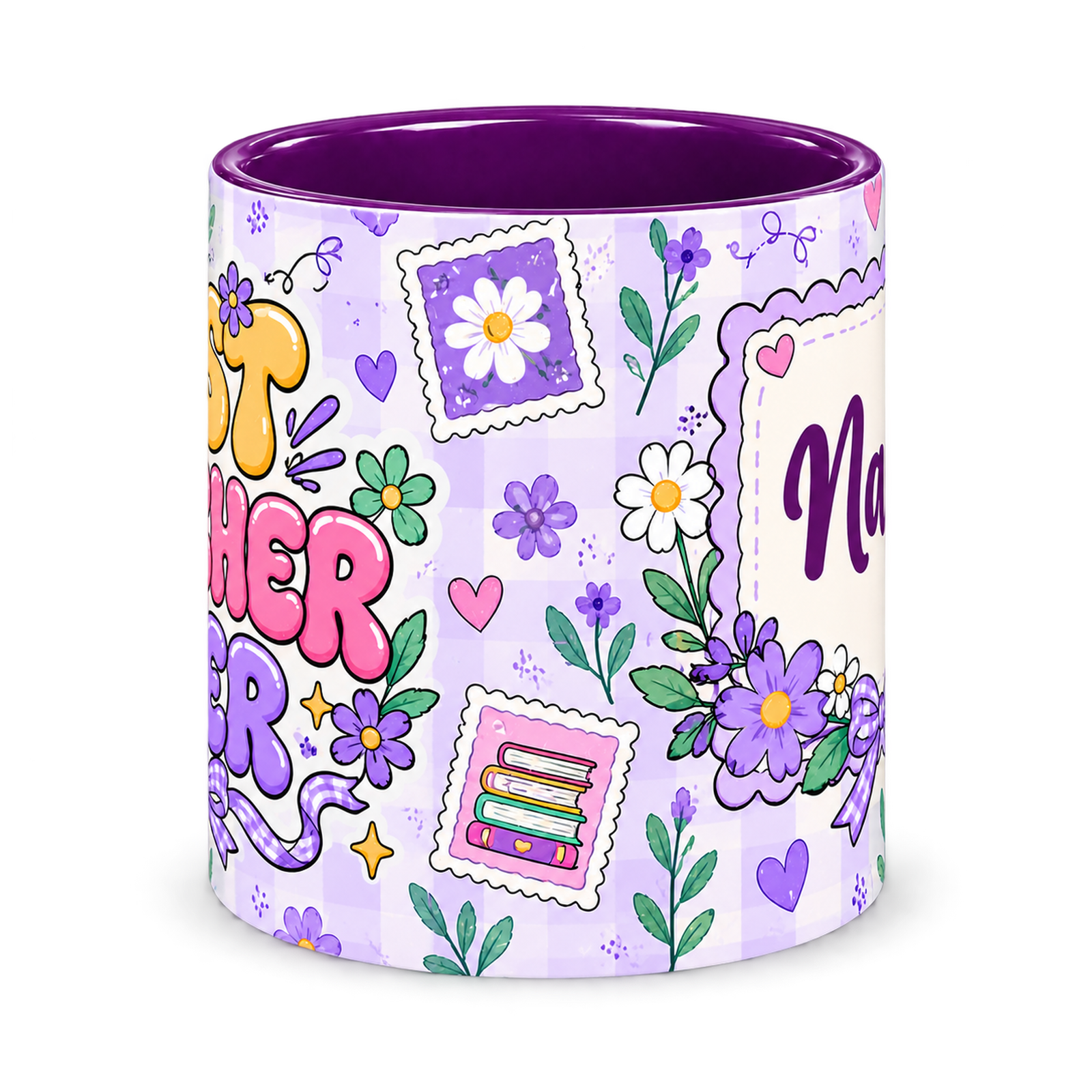 Lavender Postage Teacher Mug, purple – centre view of the full-wrap pattern