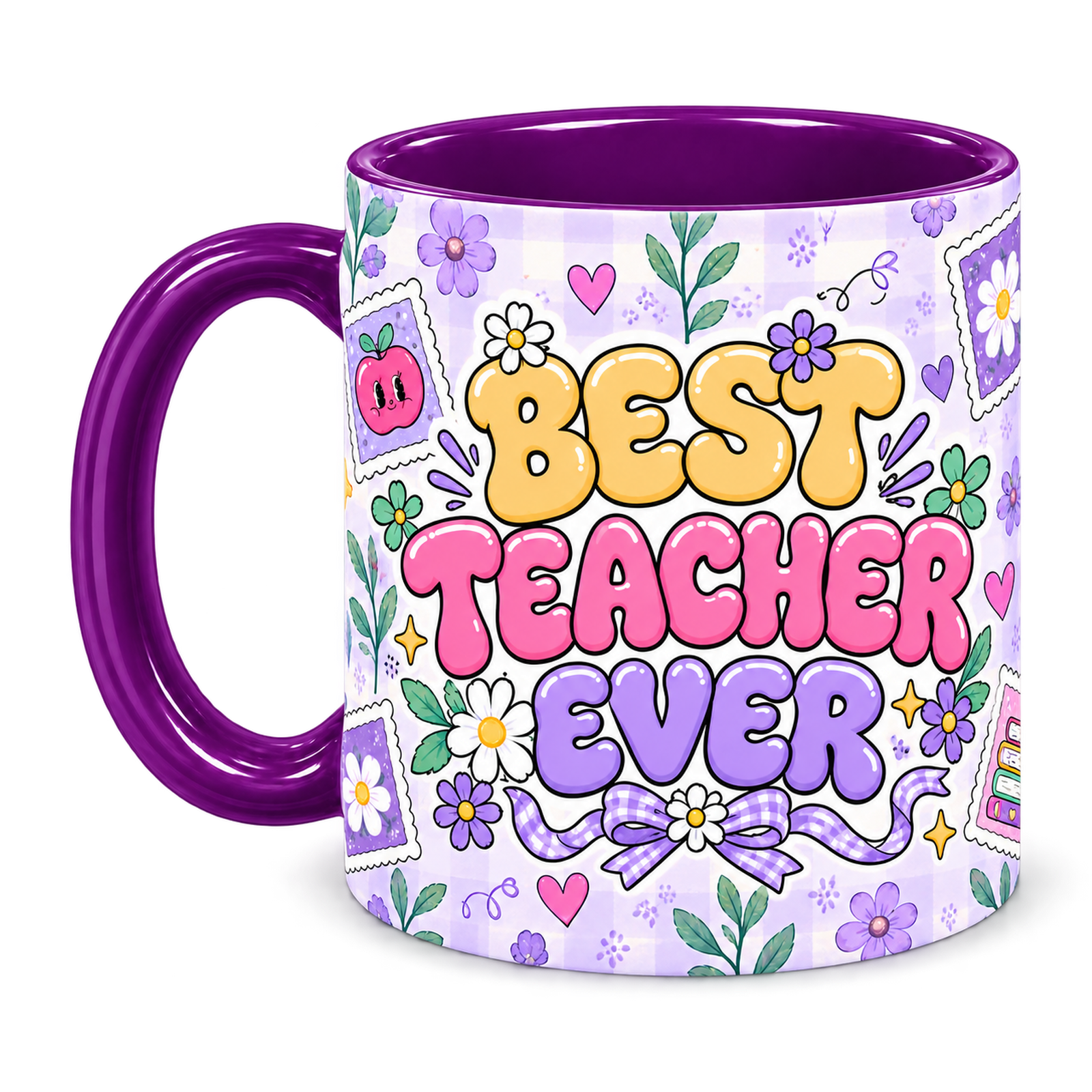 Lavender Postage Teacher Mug, purple – handle on the left, BEST TEACHER EVER