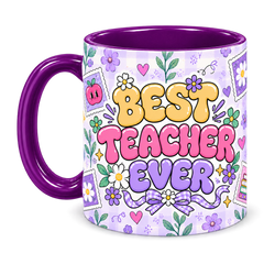 Lavender Postage Teacher Mug, purple – handle on the left, BEST TEACHER EVER