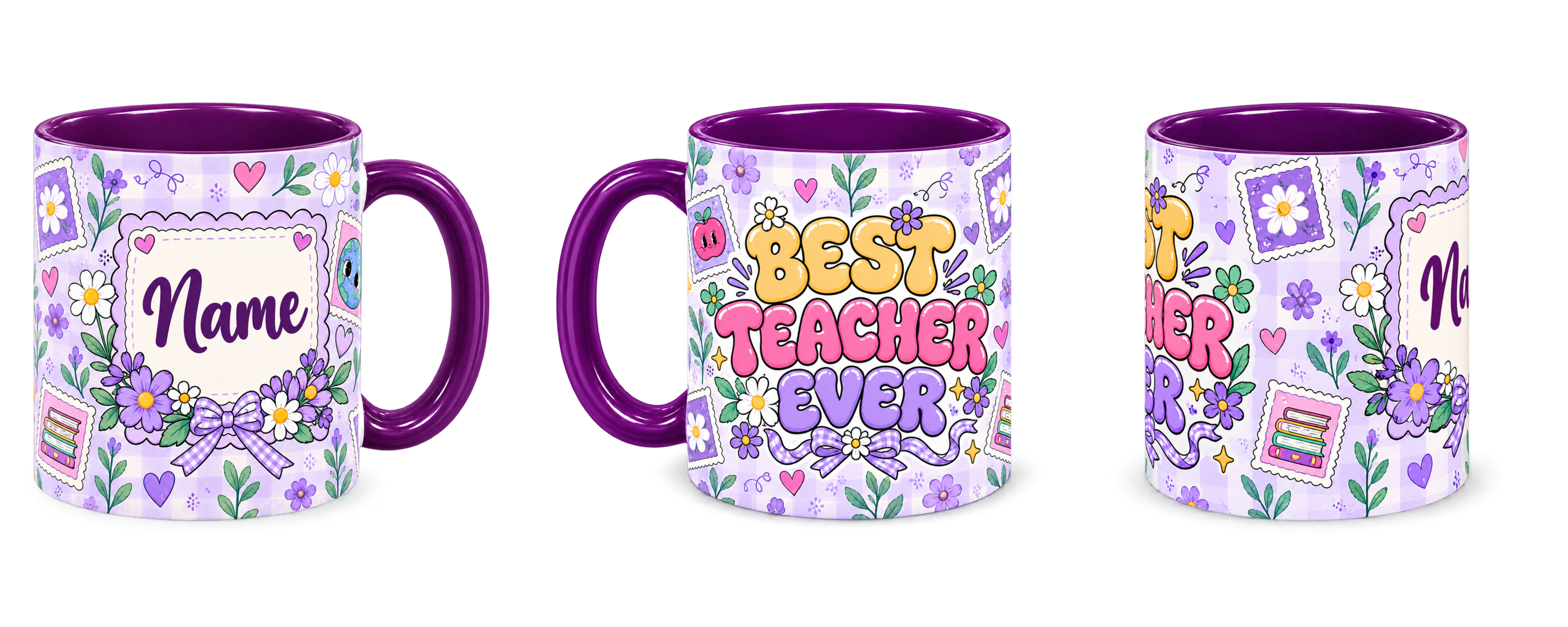 Lavender Postage Teacher Mug, purple – right, left and centre views side by side