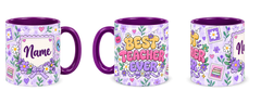 Lavender Postage Teacher Mug, purple – right, left and centre views side by side
