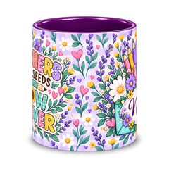 Lavender Seed Garden Teacher Mug – centre view of the full-wrap flower pattern