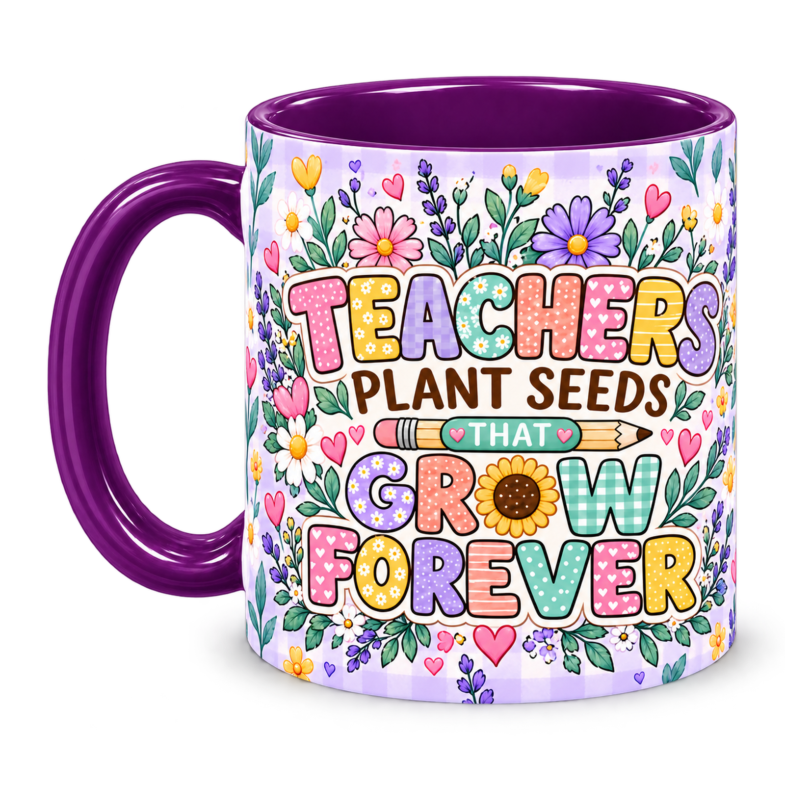 Lavender Seed Garden Teacher Mug – purple handle on the left and Teachers Plant Seeds That Grow Forever quote