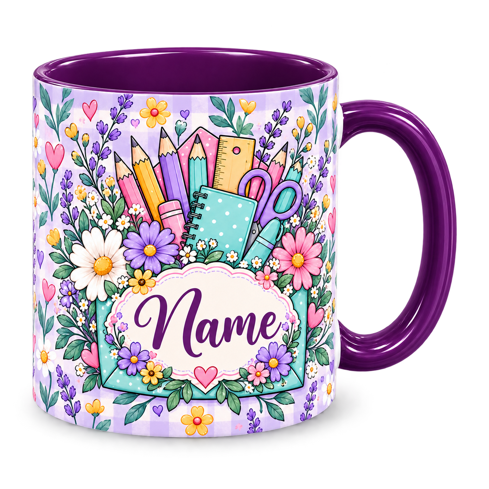 Lavender Seed Garden Teacher Mug with a purple handle on the right and personalised Name design