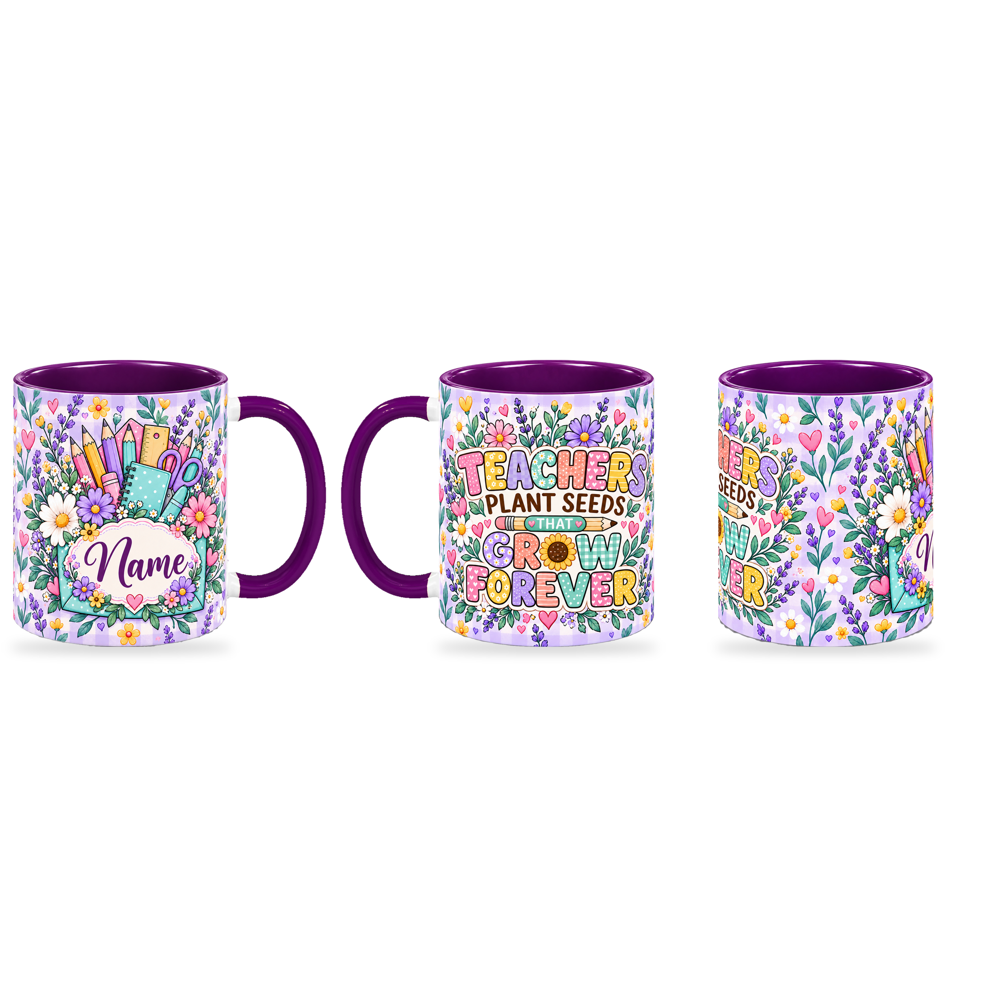 Lavender Seed Garden Teacher Mug – 320ml — right, left and front views together on a transparent background