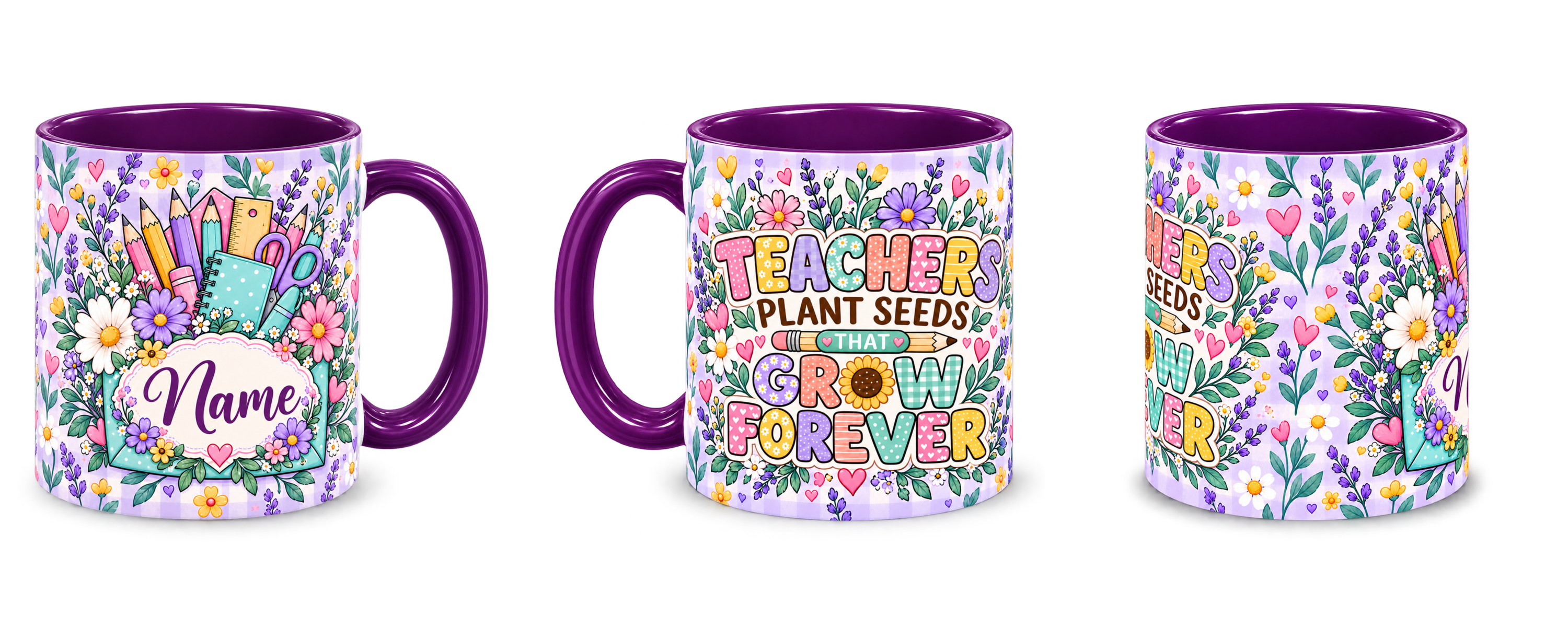 Lavender Seed Garden Teacher Mug – three matching views