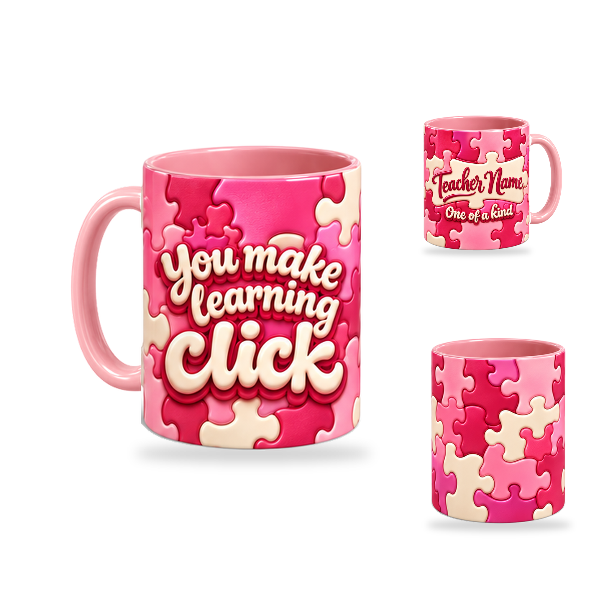 Learning Clicks Mug – 320ml, Pink ceramic mug, opposite-side of the Teacher’s Day artwork