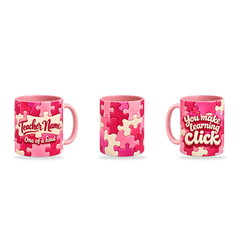 Learning Clicks Mug – 320ml, Pink ceramic mug, three-angle overview of the Teacher’s Day artwork