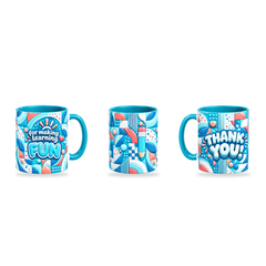 Learning Is Fun Mug – 320ml, Teal ceramic mug, three-angle overview of the Teacher’s Day artwork