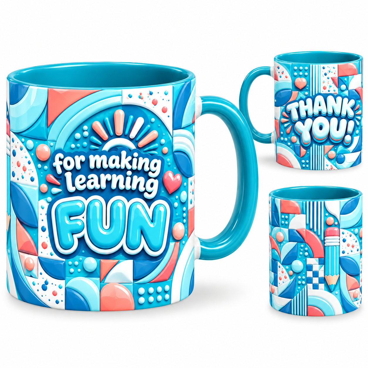 Learning Is Fun Mug – 320ml, teal ceramic mug, views of the full-wrap Teacher’s Day design