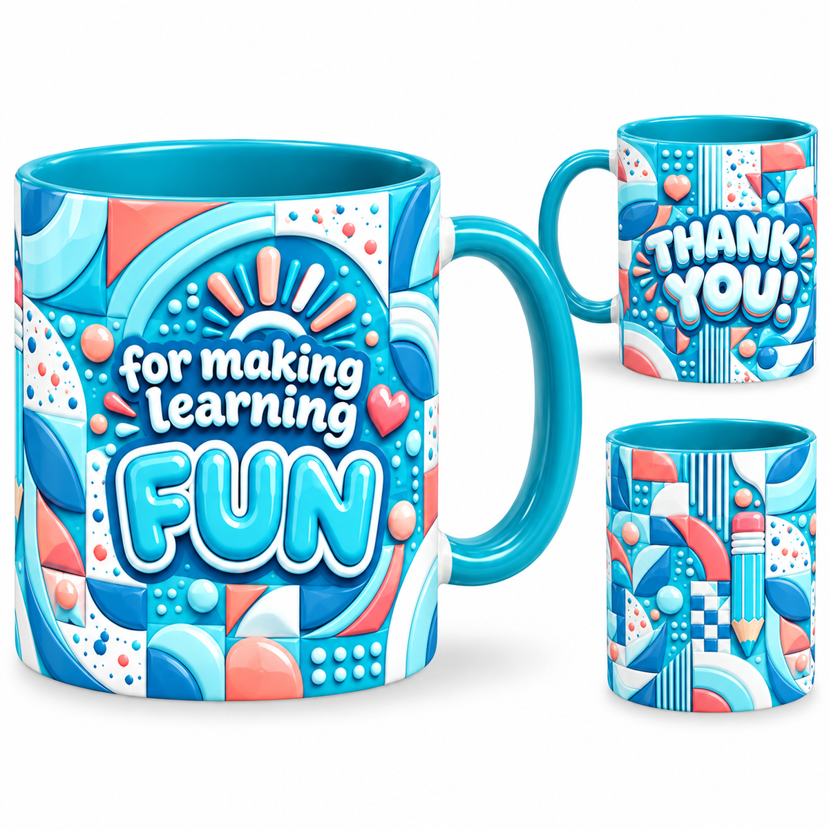 Learning Is Fun Mug – 320ml, teal ceramic mug, views of the full-wrap Teacher’s Day design